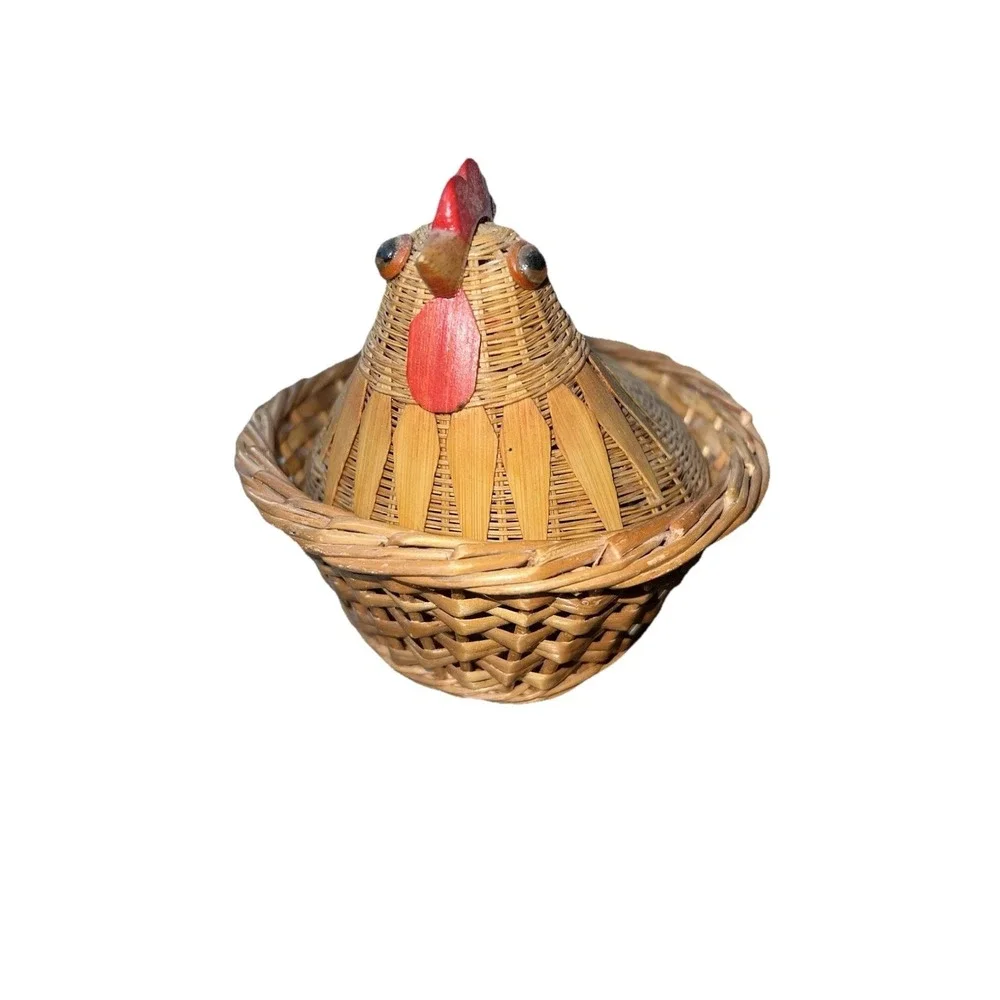 Vintage Hen On Nest Chicken Basket Woven Wood Wicker Rattan Farmhouse Decor 8